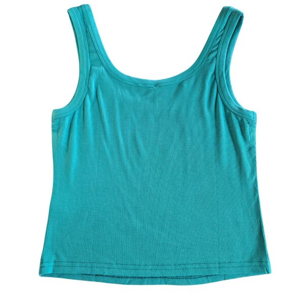 Teal Ribbed Sleeveless Fitted Tank Top - Medium - Picture 2 of 3